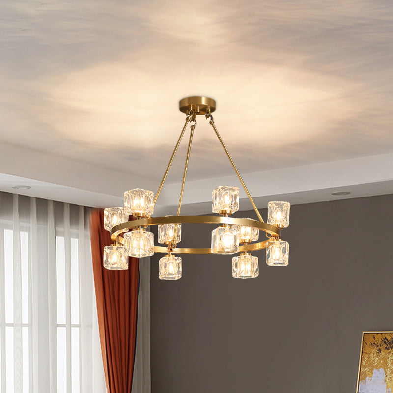 Circle Dining Room Ceiling Pendant Postmodern Crystal Cube 6/12/28 Lights Gold Chandelier Clearhalo 'Ceiling Lights' 'Chandeliers' 'Modern Chandeliers' 'Modern' Lighting' 2017402
