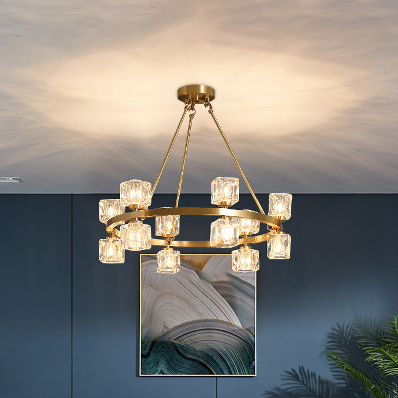 Circle Dining Room Ceiling Pendant Postmodern Crystal Cube 6/12/28 Lights Gold Chandelier Clearhalo 'Ceiling Lights' 'Chandeliers' 'Modern Chandeliers' 'Modern' Lighting' 2017403