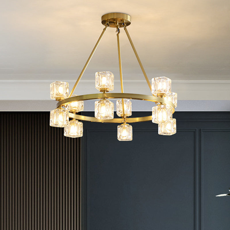 Circle Dining Room Ceiling Pendant Postmodern Crystal Cube 6/12/28 Lights Gold Chandelier Clearhalo 'Ceiling Lights' 'Chandeliers' 'Modern Chandeliers' 'Modern' Lighting' 2017404