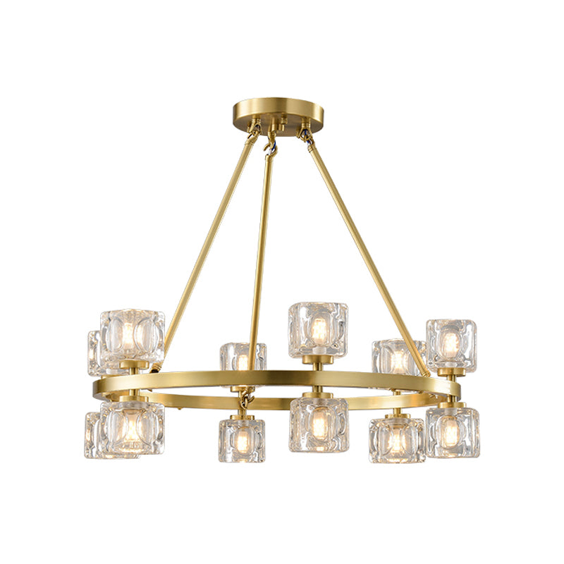 Circle Dining Room Ceiling Pendant Postmodern Crystal Cube 6/12/28 Lights Gold Chandelier 12 Gold Clearhalo 'Ceiling Lights' 'Chandeliers' 'Modern Chandeliers' 'Modern' Lighting' 2017405