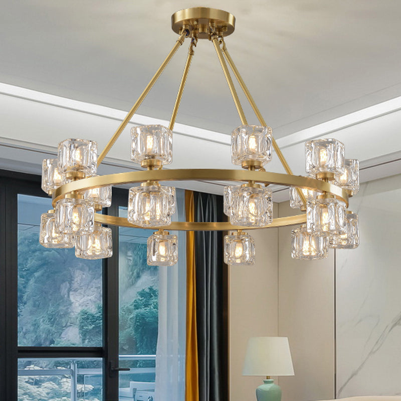 Circle Dining Room Ceiling Pendant Postmodern Crystal Cube 6/12/28 Lights Gold Chandelier Clearhalo 'Ceiling Lights' 'Chandeliers' 'Modern Chandeliers' 'Modern' Lighting' 2017407