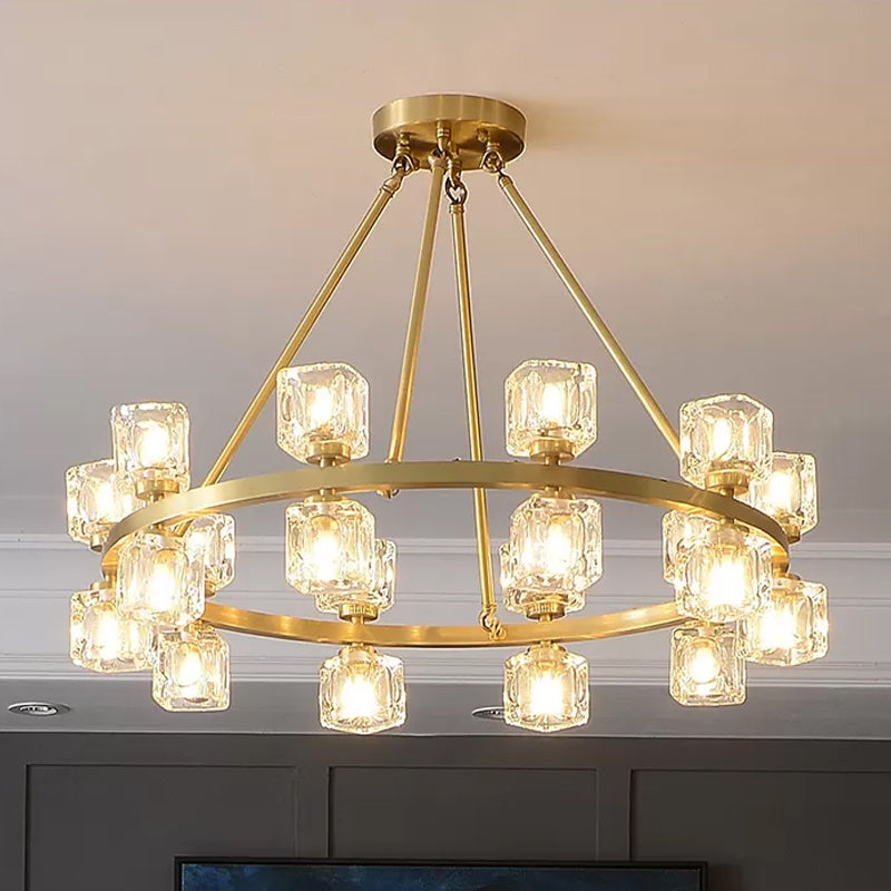 Circle Dining Room Ceiling Pendant Postmodern Crystal Cube 6/12/28 Lights Gold Chandelier Clearhalo 'Ceiling Lights' 'Chandeliers' 'Modern Chandeliers' 'Modern' Lighting' 2017408