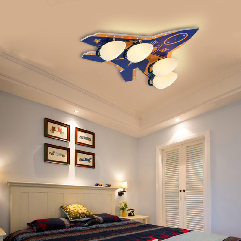 Fighter Airplane Kindergarten Ceiling Light Wooden 4 Lights Cool Flush Mount Light in Warm Blue Warm Clearhalo 'Ceiling Lights' 'Close To Ceiling Lights' 'Close to ceiling' 'Glass shade' 'Glass' Lighting' 201741