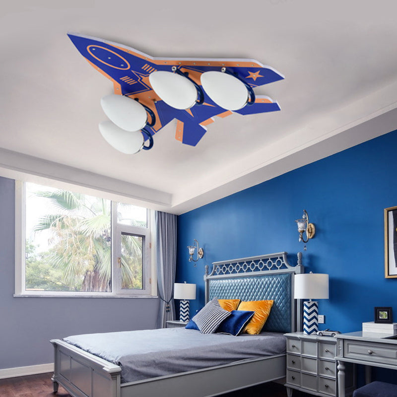 Fighter Airplane Kindergarten Ceiling Light Wooden 4 Lights Cool Flush Mount Light in Warm Clearhalo 'Ceiling Lights' 'Close To Ceiling Lights' 'Close to ceiling' 'Glass shade' 'Glass' Lighting' 201742