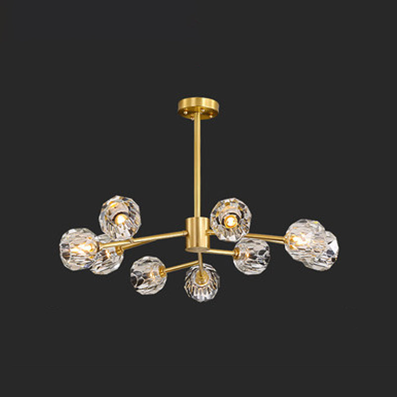 12/15/18-Light Crystal Ball Drop Lamp Postmodern Brass Branch Dining Room Ceiling Chandelier 9 Brass Clearhalo 'Ceiling Lights' 'Chandeliers' 'Modern Chandeliers' 'Modern' Lighting' 2017502
