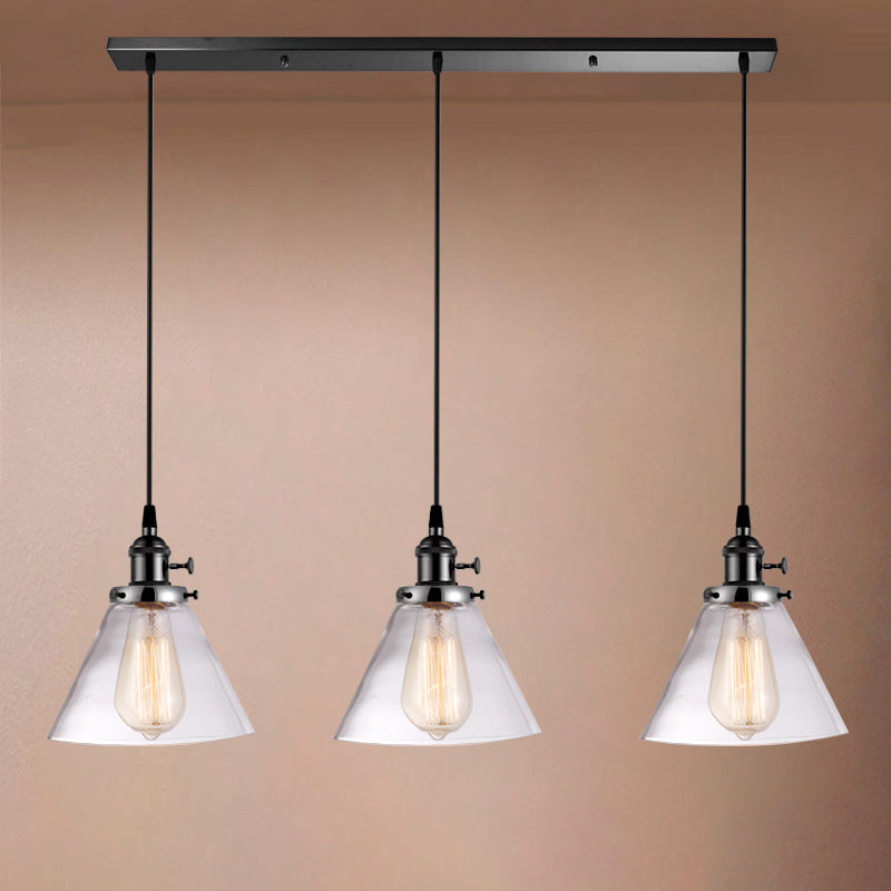 3 Heads Cluster Pendant Light Warehouse Cone Clear Glass Down Lighting for Dining Room Clearhalo 'Ceiling Lights' 'Close To Ceiling Lights' 'Glass shade' 'Glass' 'Industrial Pendants' 'Industrial' 'Middle Century Pendants' 'Pendant Lights' 'Pendants' 'Tiffany' Lighting' 2017517