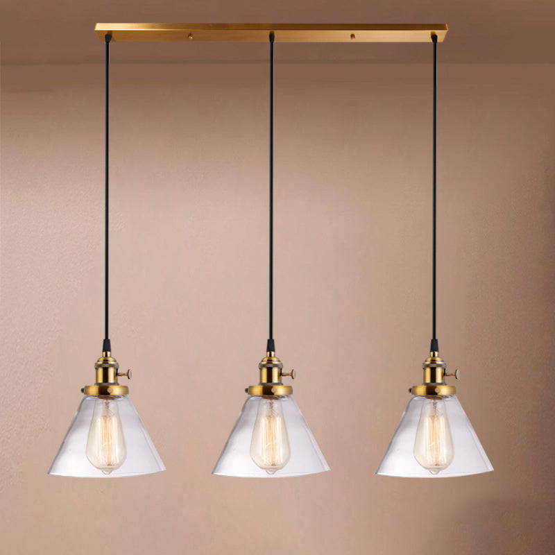 3 Heads Cluster Pendant Light Warehouse Cone Clear Glass Down Lighting for Dining Room Clearhalo 'Ceiling Lights' 'Close To Ceiling Lights' 'Glass shade' 'Glass' 'Industrial Pendants' 'Industrial' 'Middle Century Pendants' 'Pendant Lights' 'Pendants' 'Tiffany' Lighting' 2017518