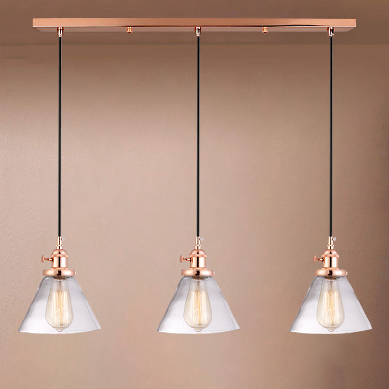 3 Heads Cluster Pendant Light Warehouse Cone Clear Glass Down Lighting for Dining Room Clearhalo 'Ceiling Lights' 'Close To Ceiling Lights' 'Glass shade' 'Glass' 'Industrial Pendants' 'Industrial' 'Middle Century Pendants' 'Pendant Lights' 'Pendants' 'Tiffany' Lighting' 2017519