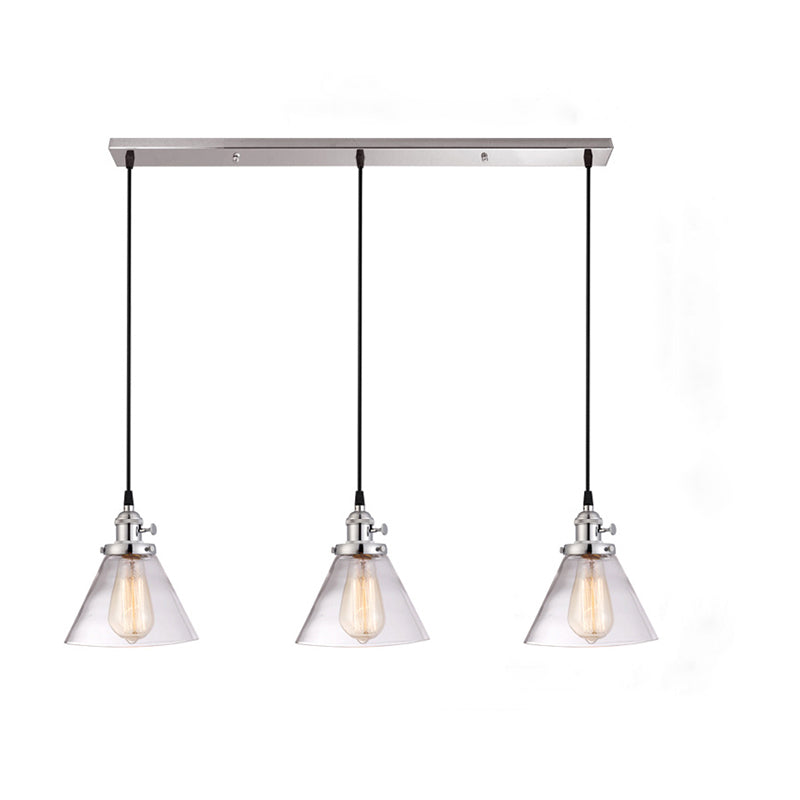 3 Heads Cluster Pendant Light Warehouse Cone Clear Glass Down Lighting for Dining Room Chrome Linear Clearhalo 'Ceiling Lights' 'Close To Ceiling Lights' 'Glass shade' 'Glass' 'Industrial Pendants' 'Industrial' 'Middle Century Pendants' 'Pendant Lights' 'Pendants' 'Tiffany' Lighting' 2017520