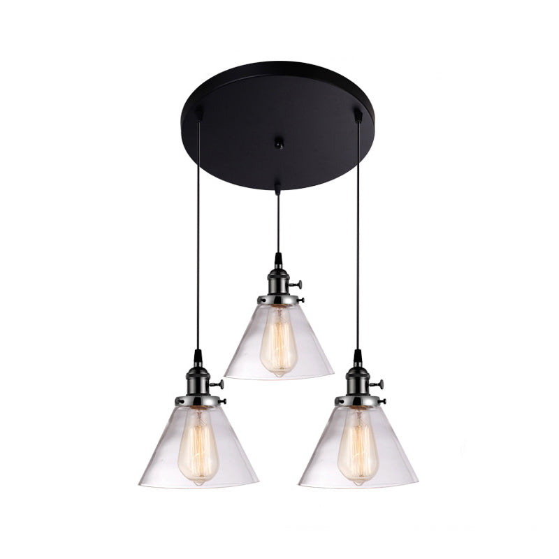 3 Heads Cluster Pendant Light Warehouse Cone Clear Glass Down Lighting for Dining Room Black Round Clearhalo 'Ceiling Lights' 'Close To Ceiling Lights' 'Glass shade' 'Glass' 'Industrial Pendants' 'Industrial' 'Middle Century Pendants' 'Pendant Lights' 'Pendants' 'Tiffany' Lighting' 2017521