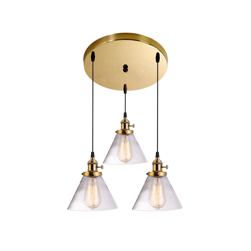 3 Heads Cluster Pendant Light Warehouse Cone Clear Glass Down Lighting for Dining Room Brass Round Clearhalo 'Ceiling Lights' 'Close To Ceiling Lights' 'Glass shade' 'Glass' 'Industrial Pendants' 'Industrial' 'Middle Century Pendants' 'Pendant Lights' 'Pendants' 'Tiffany' Lighting' 2017522