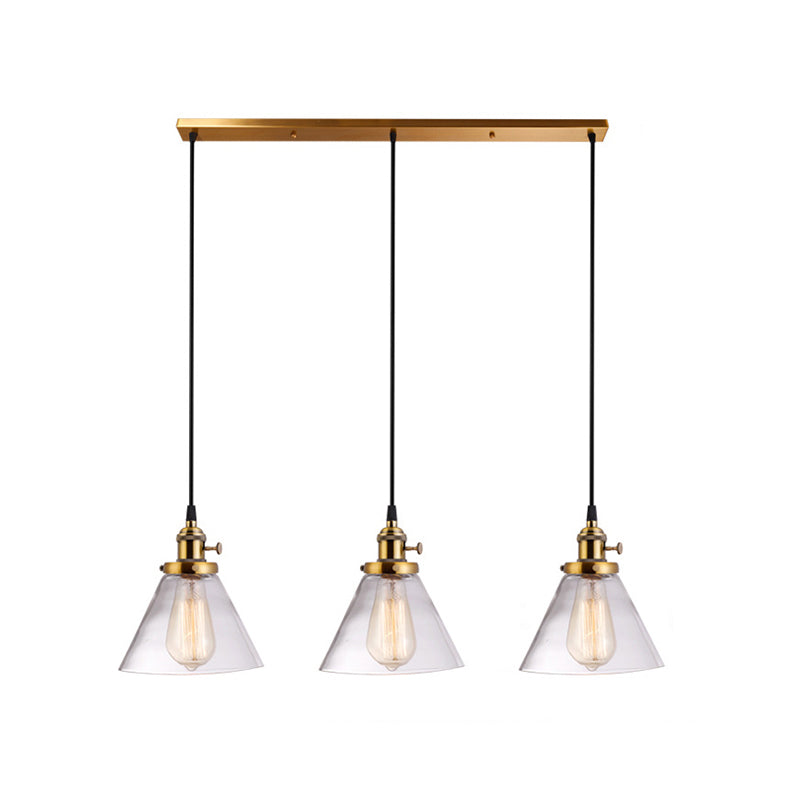 3 Heads Cluster Pendant Light Warehouse Cone Clear Glass Down Lighting for Dining Room Brass Linear Clearhalo 'Ceiling Lights' 'Close To Ceiling Lights' 'Glass shade' 'Glass' 'Industrial Pendants' 'Industrial' 'Middle Century Pendants' 'Pendant Lights' 'Pendants' 'Tiffany' Lighting' 2017523