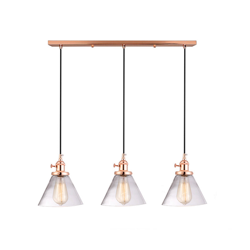 3 Heads Cluster Pendant Light Warehouse Cone Clear Glass Down Lighting for Dining Room Rose Gold Linear Clearhalo 'Ceiling Lights' 'Close To Ceiling Lights' 'Glass shade' 'Glass' 'Industrial Pendants' 'Industrial' 'Middle Century Pendants' 'Pendant Lights' 'Pendants' 'Tiffany' Lighting' 2017525