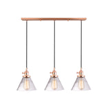 3 Heads Cluster Pendant Light Warehouse Cone Clear Glass Down Lighting for Dining Room Rose Gold Linear Clearhalo 'Ceiling Lights' 'Close To Ceiling Lights' 'Glass shade' 'Glass' 'Industrial Pendants' 'Industrial' 'Middle Century Pendants' 'Pendant Lights' 'Pendants' 'Tiffany' Lighting' 2017525