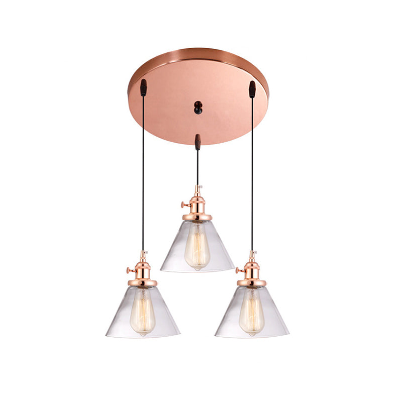 3 Heads Cluster Pendant Light Warehouse Cone Clear Glass Down Lighting for Dining Room Rose Gold Round Clearhalo 'Ceiling Lights' 'Close To Ceiling Lights' 'Glass shade' 'Glass' 'Industrial Pendants' 'Industrial' 'Middle Century Pendants' 'Pendant Lights' 'Pendants' 'Tiffany' Lighting' 2017526