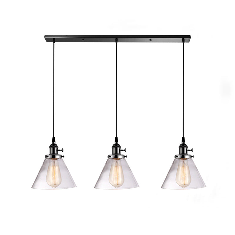 3 Heads Cluster Pendant Light Warehouse Cone Clear Glass Down Lighting for Dining Room Black Linear Clearhalo 'Ceiling Lights' 'Close To Ceiling Lights' 'Glass shade' 'Glass' 'Industrial Pendants' 'Industrial' 'Middle Century Pendants' 'Pendant Lights' 'Pendants' 'Tiffany' Lighting' 2017527