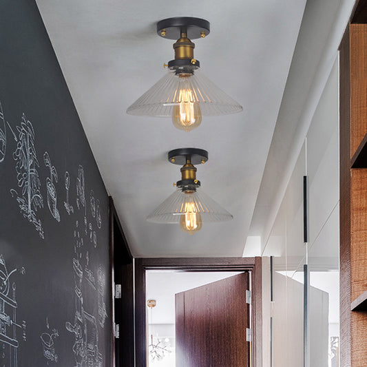 Geometry Corridor Semi Mount Lighting Farmhouse Clear Glass 1 Bulb Brass Close to Ceiling Lamp Clear C Clearhalo 'Ceiling Lights' 'Close To Ceiling Lights' 'Close to ceiling' 'Glass shade' 'Glass' 'Pendant Lights' 'Semi-flushmount' Lighting' 2017532