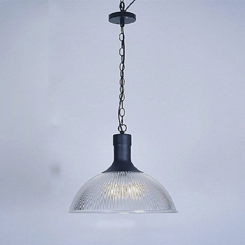 Clear Ribbed Glass Dome Hanging Lighting Factory 1-Light Living Room Pendant Light Kit Black Clearhalo 'Ceiling Lights' 'Glass shade' 'Glass' 'Industrial Pendants' 'Industrial' 'Middle Century Pendants' 'Pendant Lights' 'Pendants' 'Tiffany' Lighting' 2017545
