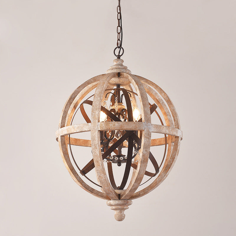 5-Light Wood Drop Pendant Classic Distressed White Globe Cage Bedroom Chandelier Lighting with Crystal Accent Distressed Wood Small Clearhalo 'Ceiling Lights' 'Chandeliers' Lighting' options 2017561_4bc4918d-2eb4-4723-a8e7-1c44ec1b37d7