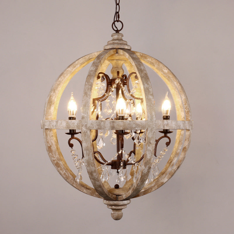 5-Light Wood Drop Pendant Classic Distressed White Globe Cage Bedroom Chandelier Lighting with Crystal Accent Distressed Wood Medium Clearhalo 'Ceiling Lights' 'Chandeliers' Lighting' options 2017564_cf016f51-f4e7-4d80-be4a-320db1671661