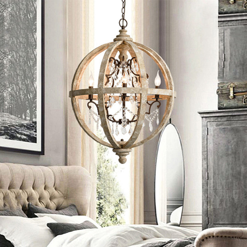 5-Light Wood Drop Pendant Classic Distressed White Globe Cage Bedroom Chandelier Lighting with Crystal Accent Clearhalo 'Ceiling Lights' 'Chandeliers' Lighting' options 2017565