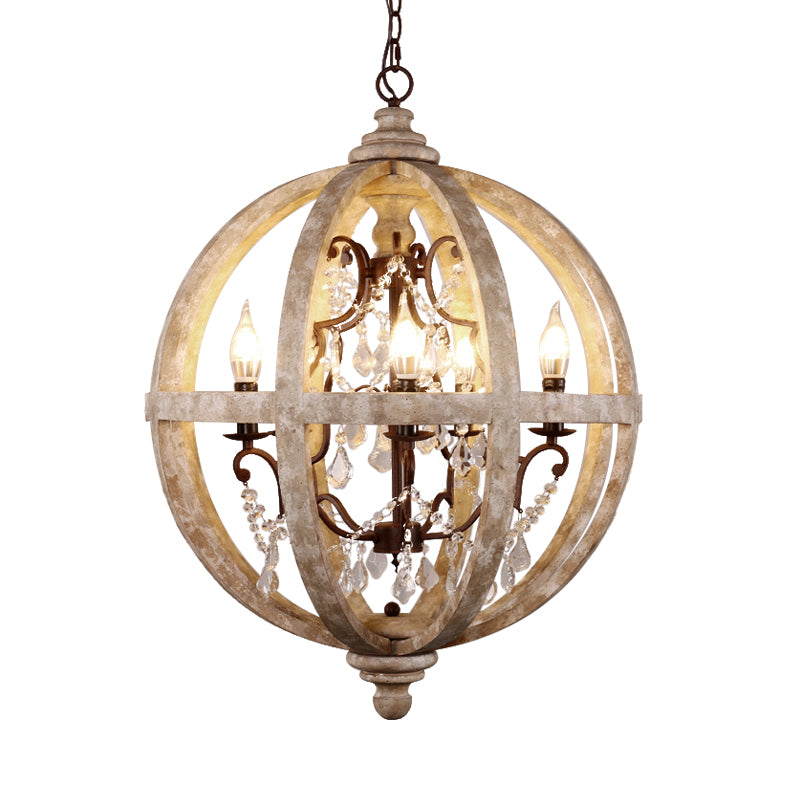 5-Light Wood Drop Pendant Classic Distressed White Globe Cage Bedroom Chandelier Lighting with Crystal Accent Clearhalo 'Ceiling Lights' 'Chandeliers' Lighting' options 2017566