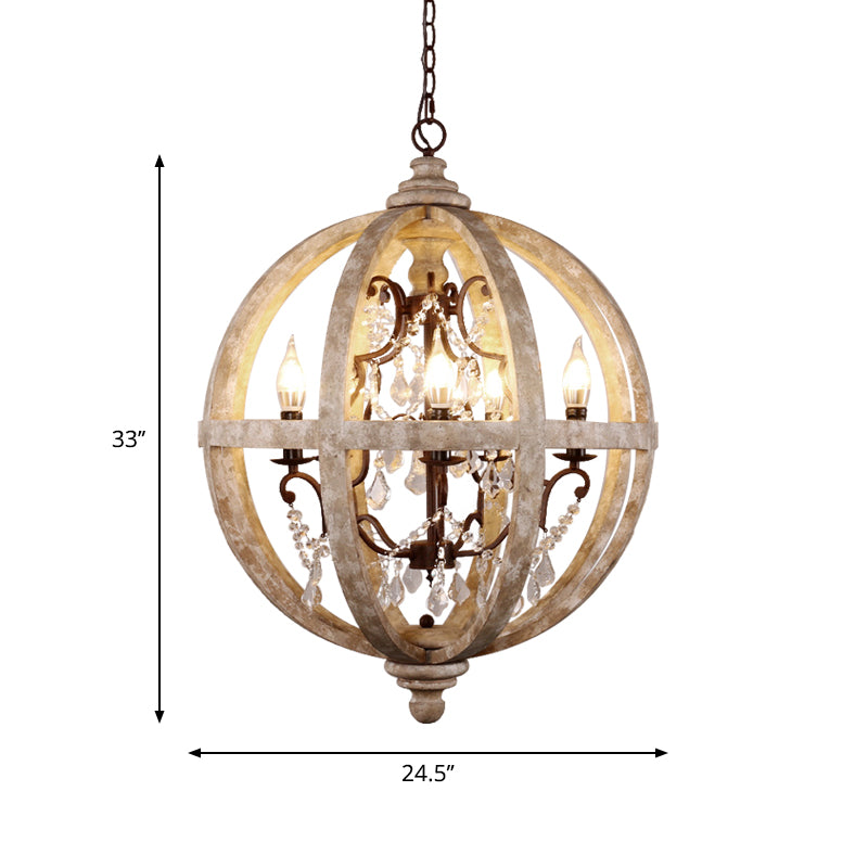 5-Light Wood Drop Pendant Classic Distressed White Globe Cage Bedroom Chandelier Lighting with Crystal Accent Clearhalo 'Ceiling Lights' 'Chandeliers' Lighting' options 2017567