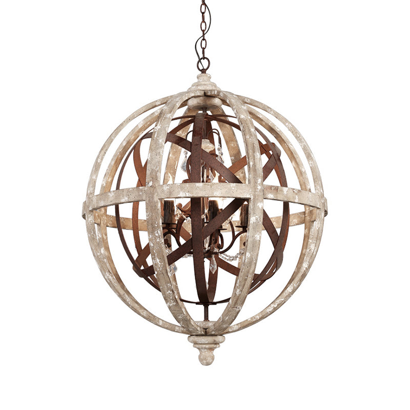 5-Light Wood Drop Pendant Classic Distressed White Globe Cage Bedroom Chandelier Lighting with Crystal Accent Clearhalo 'Ceiling Lights' 'Chandeliers' Lighting' options 2017568