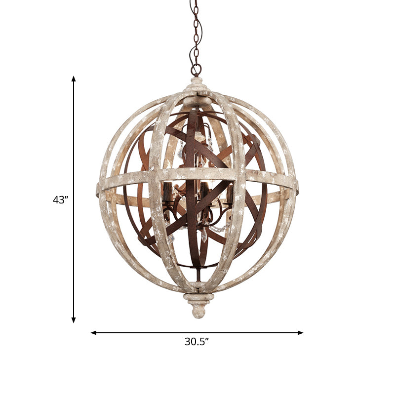 5-Light Wood Drop Pendant Classic Distressed White Globe Cage Bedroom Chandelier Lighting with Crystal Accent Clearhalo 'Ceiling Lights' 'Chandeliers' Lighting' options 2017569