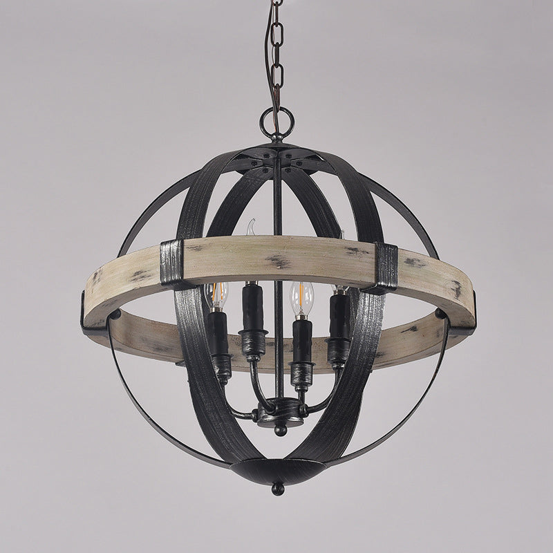 Wood Strap Globe Pendant Chandelier Country Living Room Hanging Lamp Kit in Black Clearhalo 'Ceiling Lights' 'Chandeliers' Lighting' options 2017570