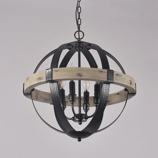 Wood Strap Globe Pendant Chandelier Country Living Room Hanging Lamp Kit in Black Clearhalo 'Ceiling Lights' 'Chandeliers' Lighting' options 2017570