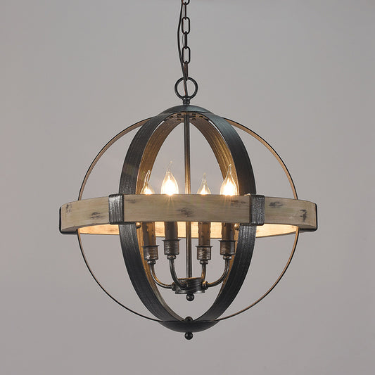 Wood Strap Globe Pendant Chandelier Country Living Room Hanging Lamp Kit in Black Clearhalo 'Ceiling Lights' 'Chandeliers' Lighting' options 2017571