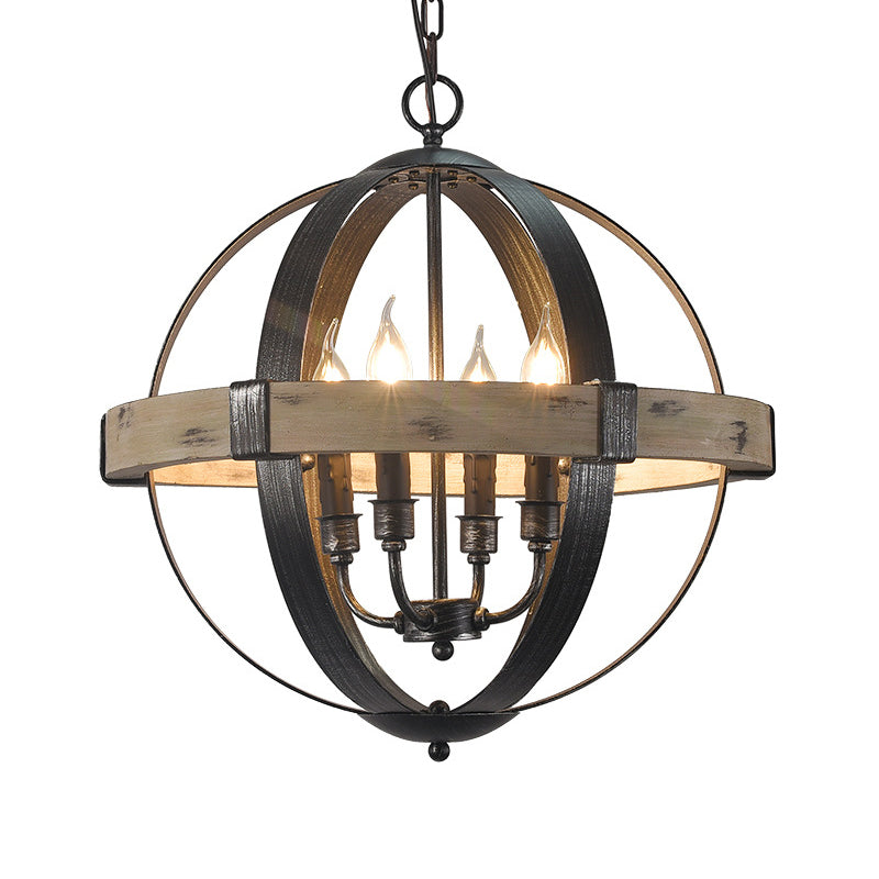 Wood Strap Globe Pendant Chandelier Country Living Room Hanging Lamp Kit in Black Clearhalo 'Ceiling Lights' 'Chandeliers' Lighting' options 2017573