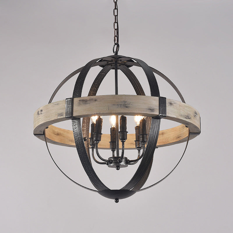 Wood Strap Globe Pendant Chandelier Country Living Room Hanging Lamp Kit in Black Clearhalo 'Ceiling Lights' 'Chandeliers' Lighting' options 2017575