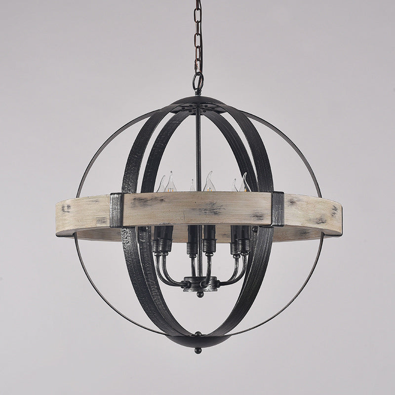 Wood Strap Globe Pendant Chandelier Country Living Room Hanging Lamp Kit in Black Clearhalo 'Ceiling Lights' 'Chandeliers' Lighting' options 2017576