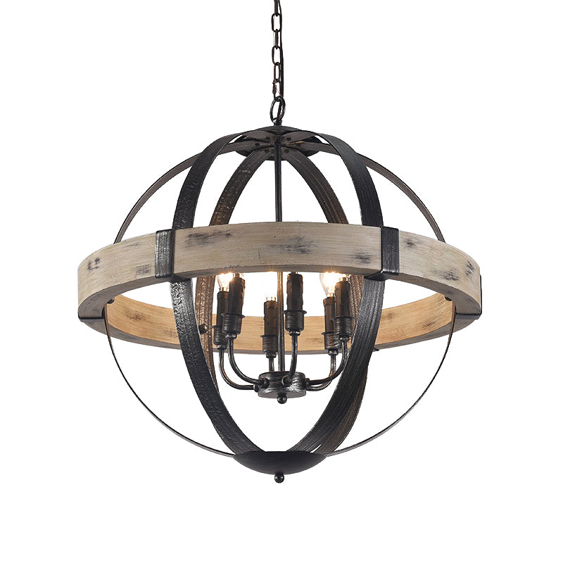 Wood Strap Globe Pendant Chandelier Country Living Room Hanging Lamp Kit in Black Clearhalo 'Ceiling Lights' 'Chandeliers' Lighting' options 2017577