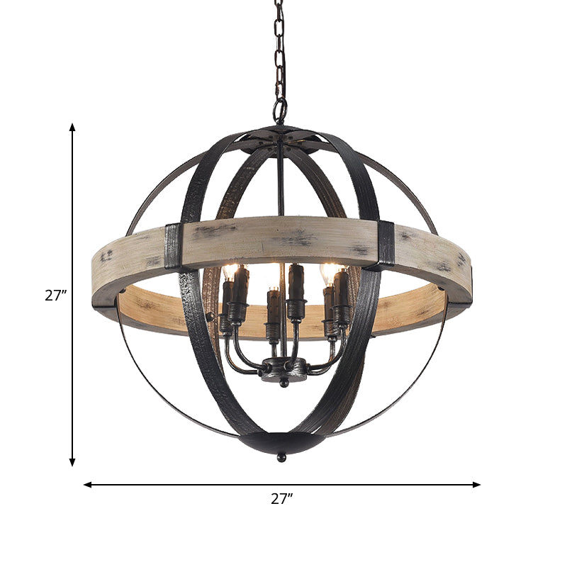 Wood Strap Globe Pendant Chandelier Country Living Room Hanging Lamp Kit in Black Clearhalo 'Ceiling Lights' 'Chandeliers' Lighting' options 2017578