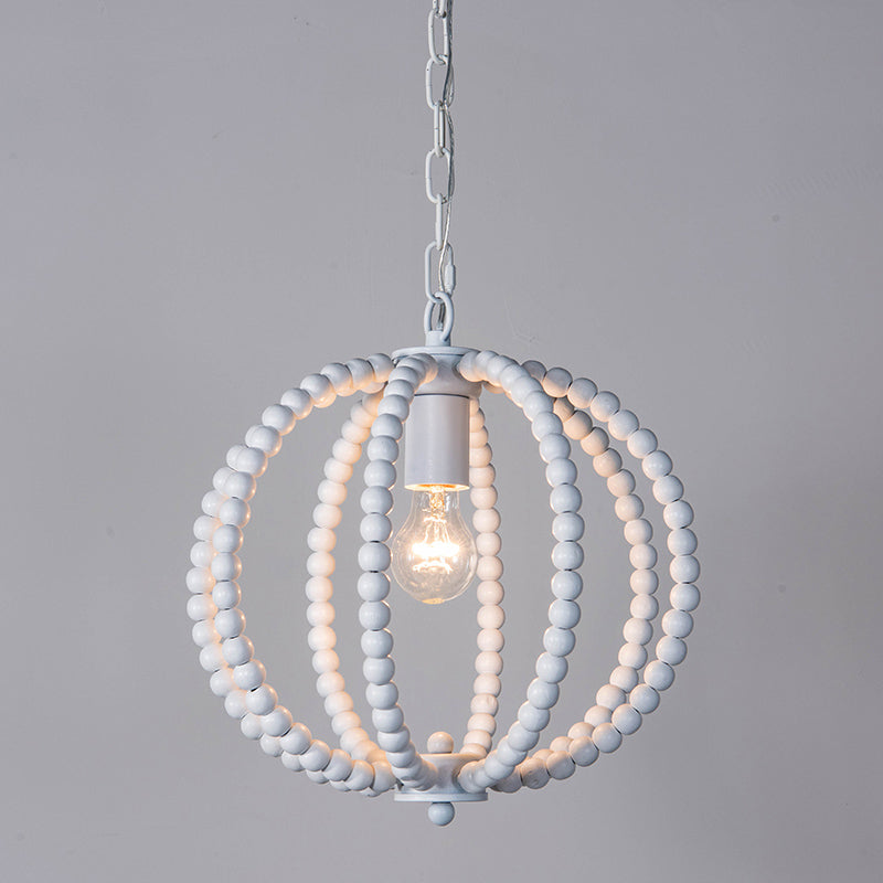 Wood Ceiling Chandelier Beaded Sphere Traditional Pendulum Light with Inner Candelabra Design White Small Clearhalo 'Ceiling Lights' 'Chandeliers' Lighting' options 2017590_a70412fa-3b35-4b19-8120-cf11f62122d9