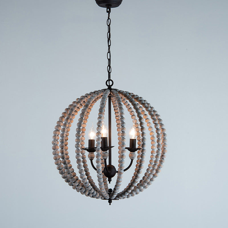 Wood Ceiling Chandelier Beaded Sphere Traditional Pendulum Light with Inner Candelabra Design Grey Medium Clearhalo 'Ceiling Lights' 'Chandeliers' Lighting' options 2017596_61fa7b49-4e75-41ec-aabd-0077cc6cac4c