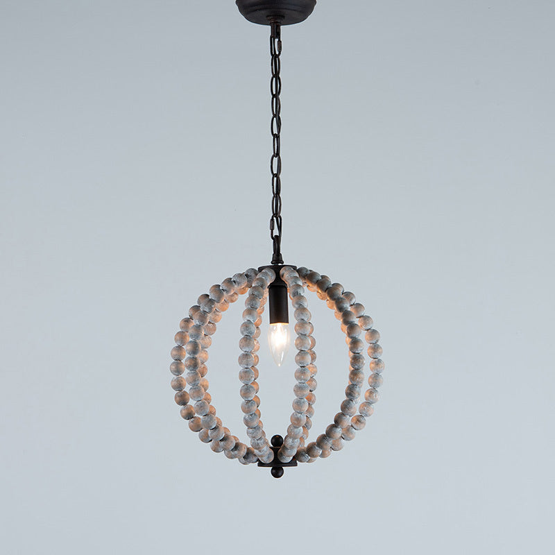 Wood Ceiling Chandelier Beaded Sphere Traditional Pendulum Light with Inner Candelabra Design Grey Small Clearhalo 'Ceiling Lights' 'Chandeliers' Lighting' options 2017598_a9239ac4-0421-47cf-8b4e-f96a51fbbaf2