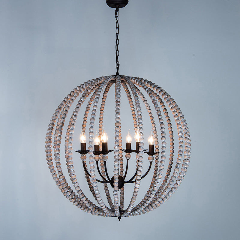 Wood Ceiling Chandelier Beaded Sphere Traditional Pendulum Light with Inner Candelabra Design Grey Large Clearhalo 'Ceiling Lights' 'Chandeliers' Lighting' options 2017600_caea3982-a771-4adb-86cf-fe10f17214f1