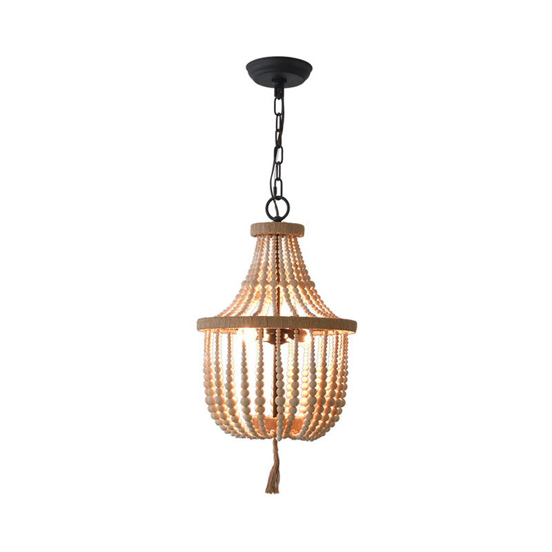 Rural Beaded Basket Chandelier Lamp 2-Head Wood Pendant Light Fixture for Restaurant Clearhalo 'Ceiling Lights' 'Chandeliers' Lighting' options 2017609