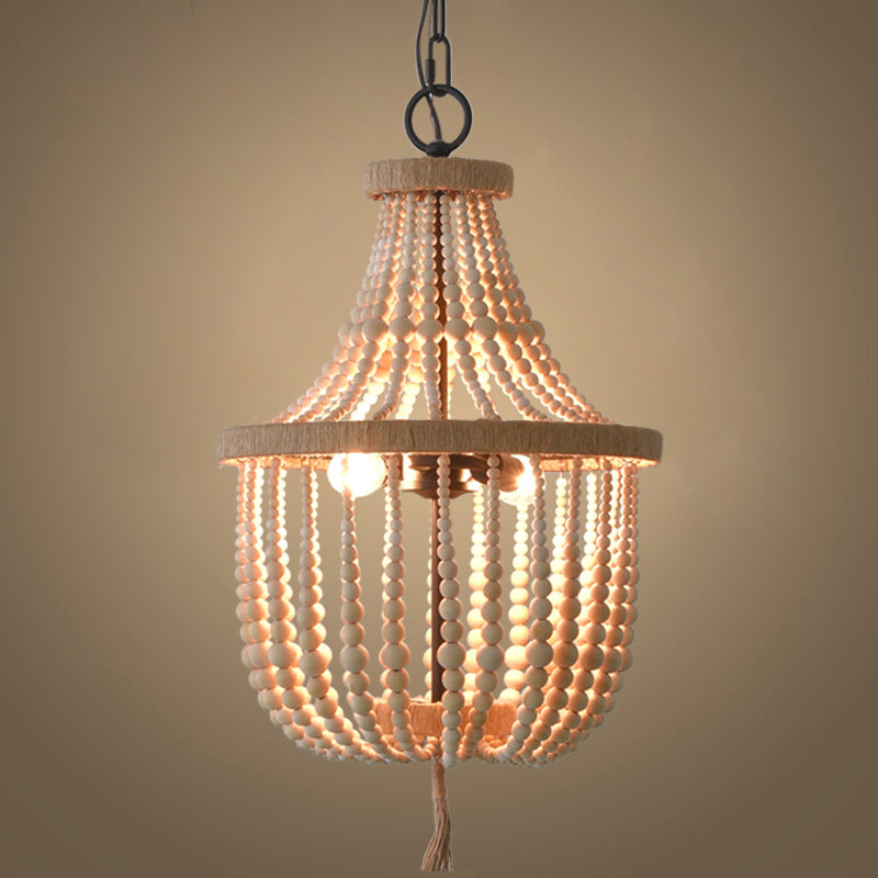 Rural Beaded Basket Chandelier Lamp 2-Head Wood Pendant Light Fixture for Restaurant Clearhalo 'Ceiling Lights' 'Chandeliers' Lighting' options 2017610