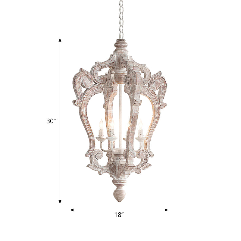 Caged Wood Hanging Chandelier Classic Living Room Suspension Pendant Light in Distressed White Clearhalo 'Ceiling Lights' 'Chandeliers' Lighting' options 2017640