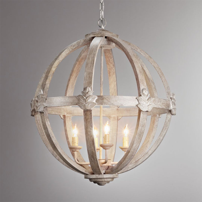 Caged Wood Hanging Chandelier Classic Living Room Suspension Pendant Light in Distressed White Clearhalo 'Ceiling Lights' 'Chandeliers' Lighting' options 2017644