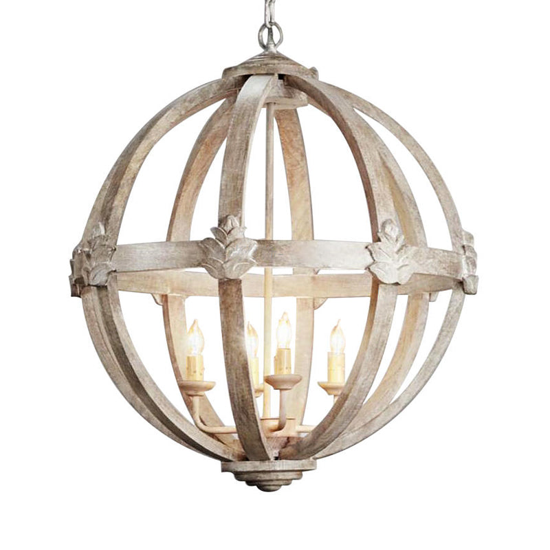 Caged Wood Hanging Chandelier Classic Living Room Suspension Pendant Light in Distressed White Clearhalo 'Ceiling Lights' 'Chandeliers' Lighting' options 2017645