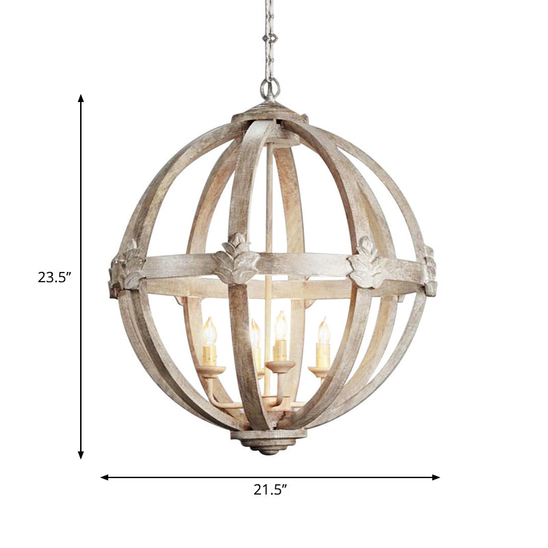 Caged Wood Hanging Chandelier Classic Living Room Suspension Pendant Light in Distressed White Clearhalo 'Ceiling Lights' 'Chandeliers' Lighting' options 2017646