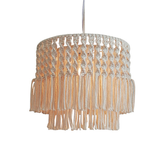 Jute Rope Tiered Tassel Fringe Ceiling Lamp Rural 1-Light Living Room Pendulum Light in Beige Clearhalo 'Ceiling Lights' 'Pendant Lights' 'Pendants' Lighting' 2017709