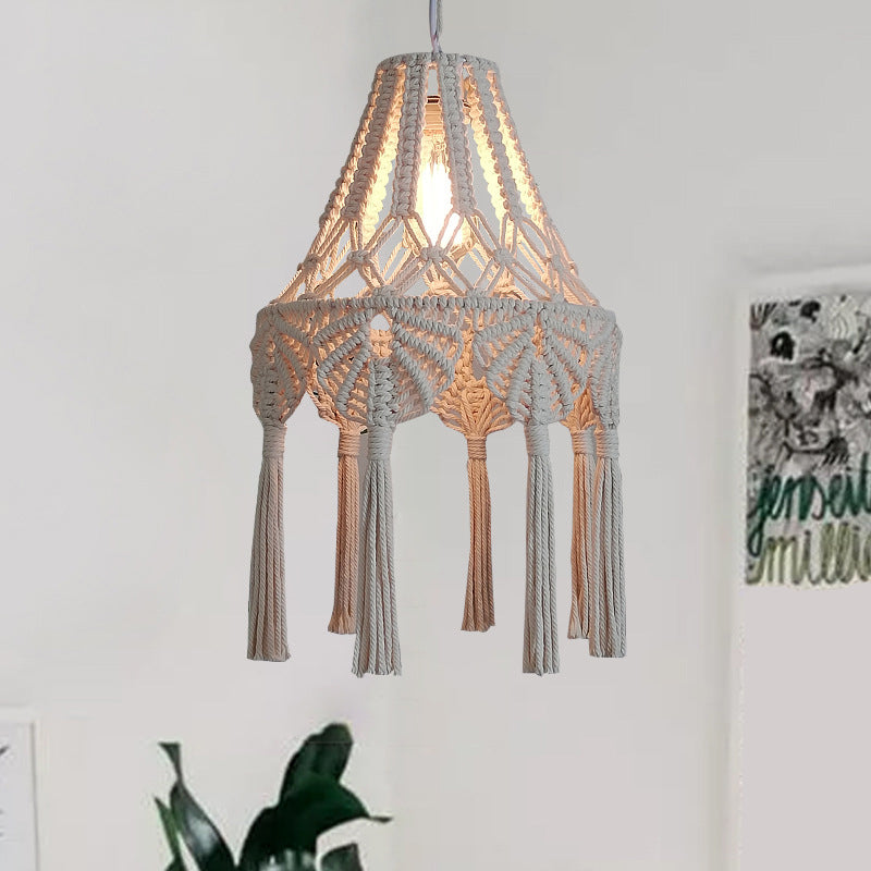 Scalloped Rope Suspension Lamp Countryside 1 Light Living Room Hanging Ceiling Light in Beige with Tassel Fringe Clearhalo 'Ceiling Lights' 'Pendant Lights' 'Pendants' Lighting' 2017715