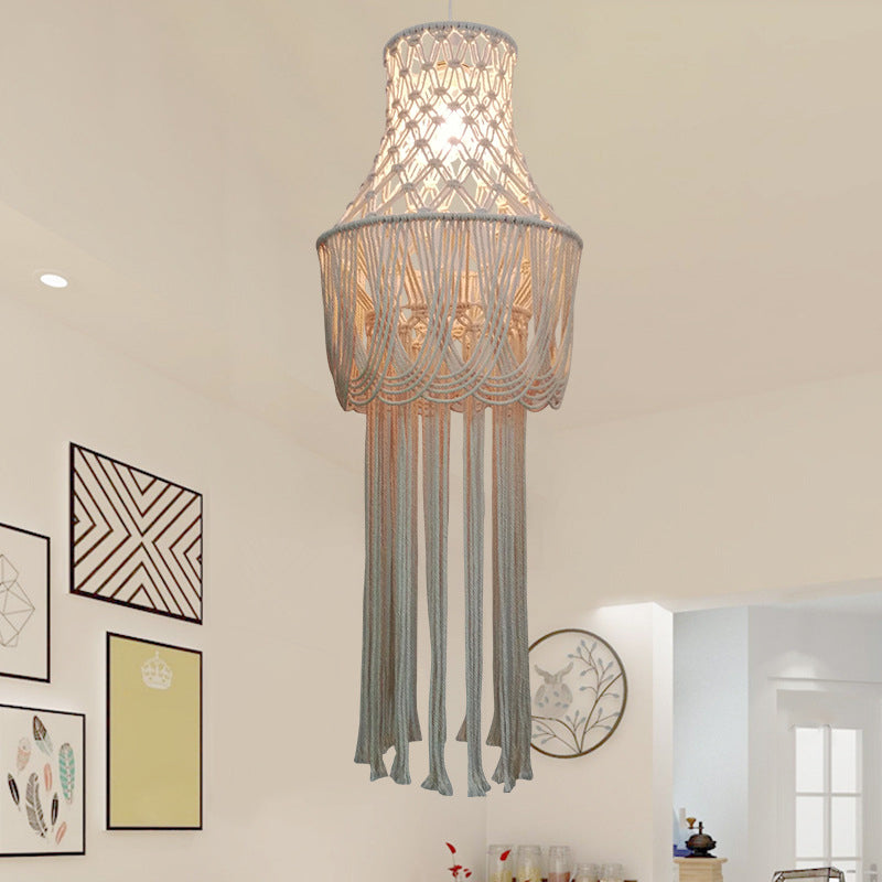 1 Light Pendant Light Fixture Traditional Basket Shaped Hemp Rope Tassel Fringe Hanging Lamp Kit in Beige Clearhalo 'Ceiling Lights' 'Pendant Lights' 'Pendants' Lighting' 2017720